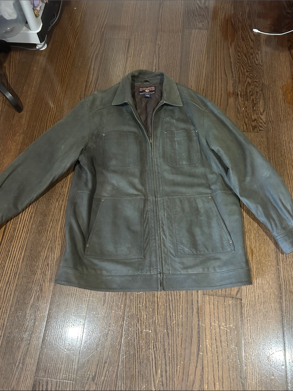 Vtg Duluth Trading Co Olive Green leather Lehigh insulatedMilitary Field Jacket